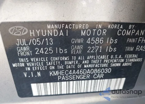 2013 Hyundai Sonata Hybrid Limited z USA, uszkodzony, nr VIN KMHEC4A46DA086030